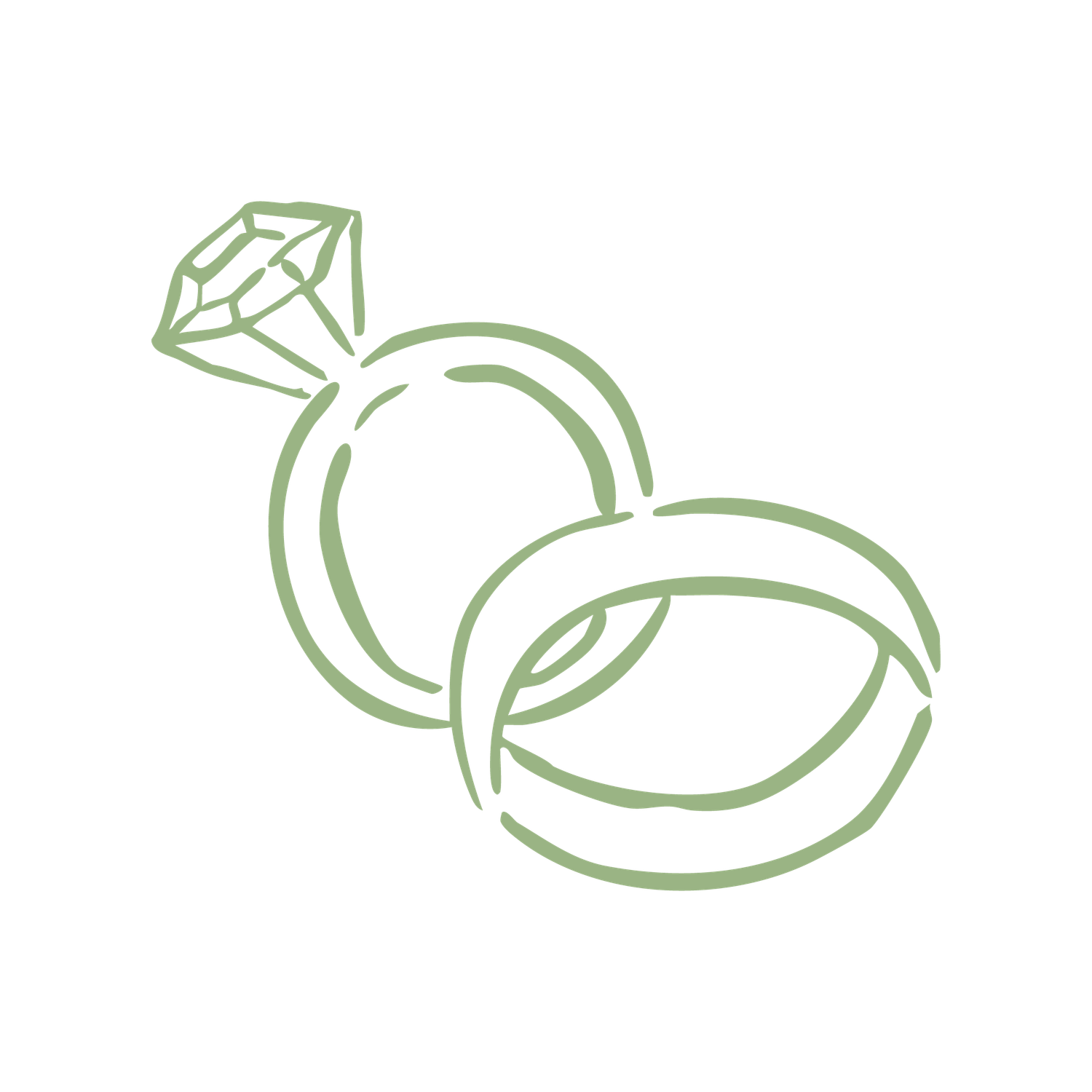 Green line art illustration of two intertwined wedding rings, one featuring a diamond solitaire setting.