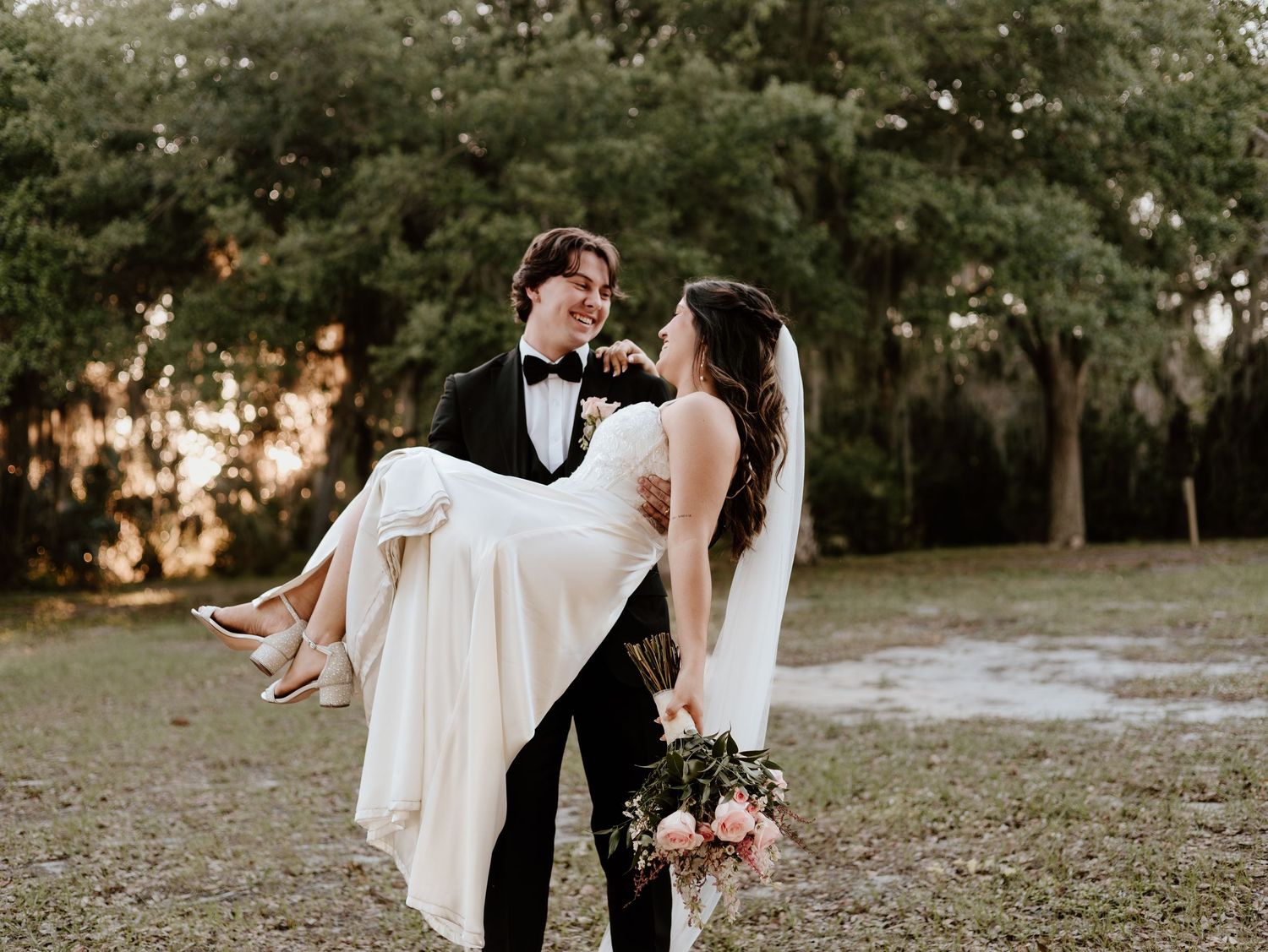 Romantic wedding photo collage showing seven intimate moments between newlyweds in an outdoor garden setting at sunset.