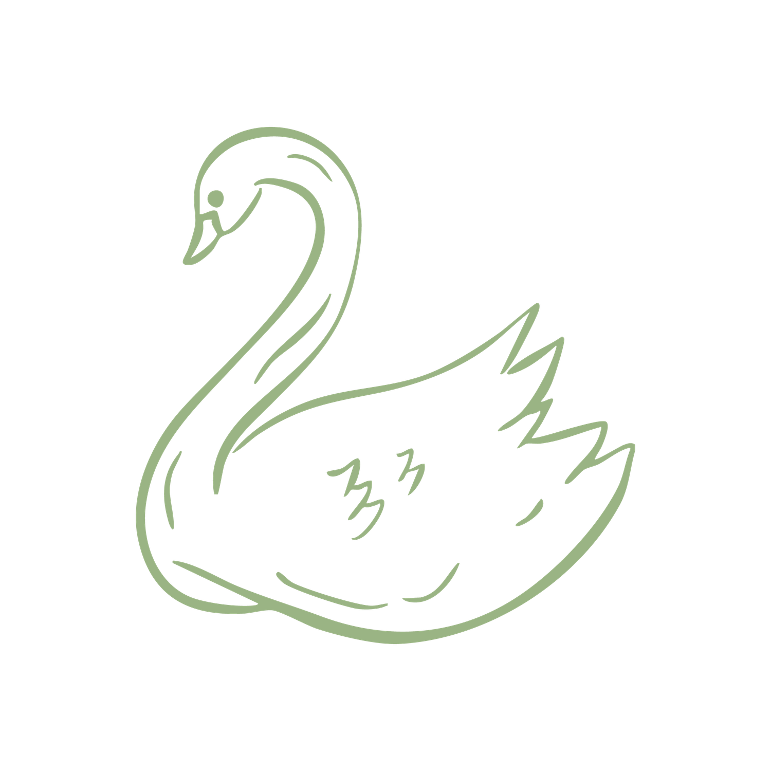 A minimalist green line art illustration of an elegant swan with decorative feather details on a white background.