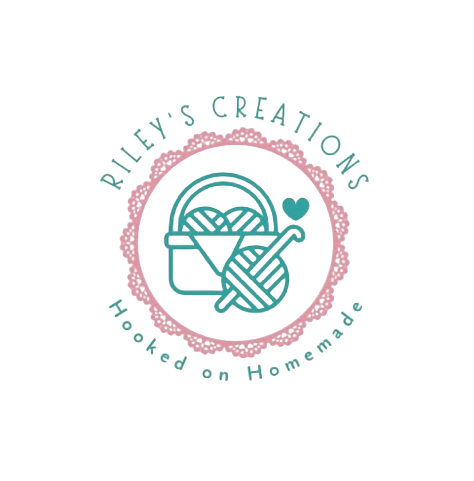 Four circular logo designs featuring yarn and crochet hooks in pink and teal colors for a craft business.
