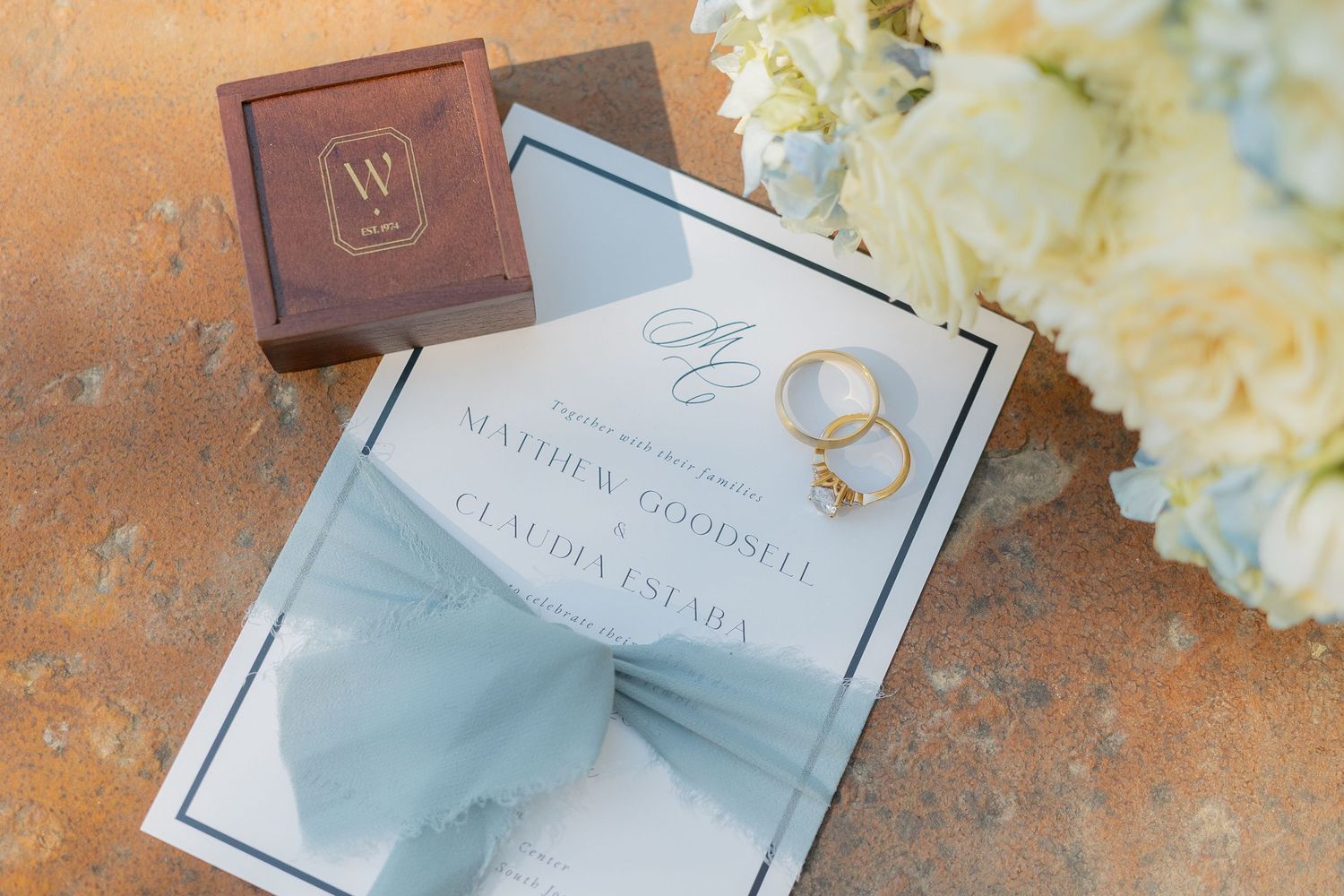 A flat lay shot of a wedding invitation, ring box, rings, and bouquet