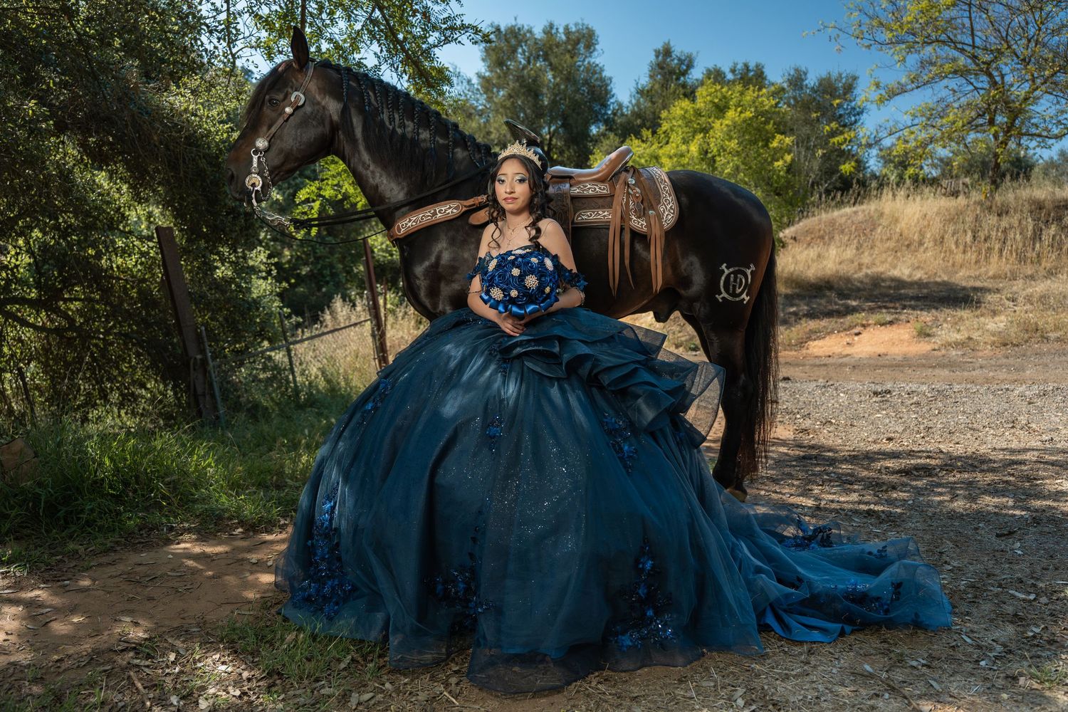 Teen girl in navy blue quinceañera ball gown poses beside dark horse on sunny wooded trail.