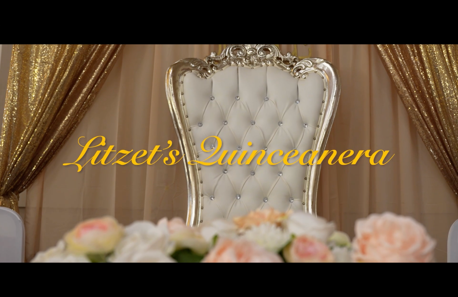Elegant white throne chair with gold frame displayed at a Quinceanera celebration for Litzet.