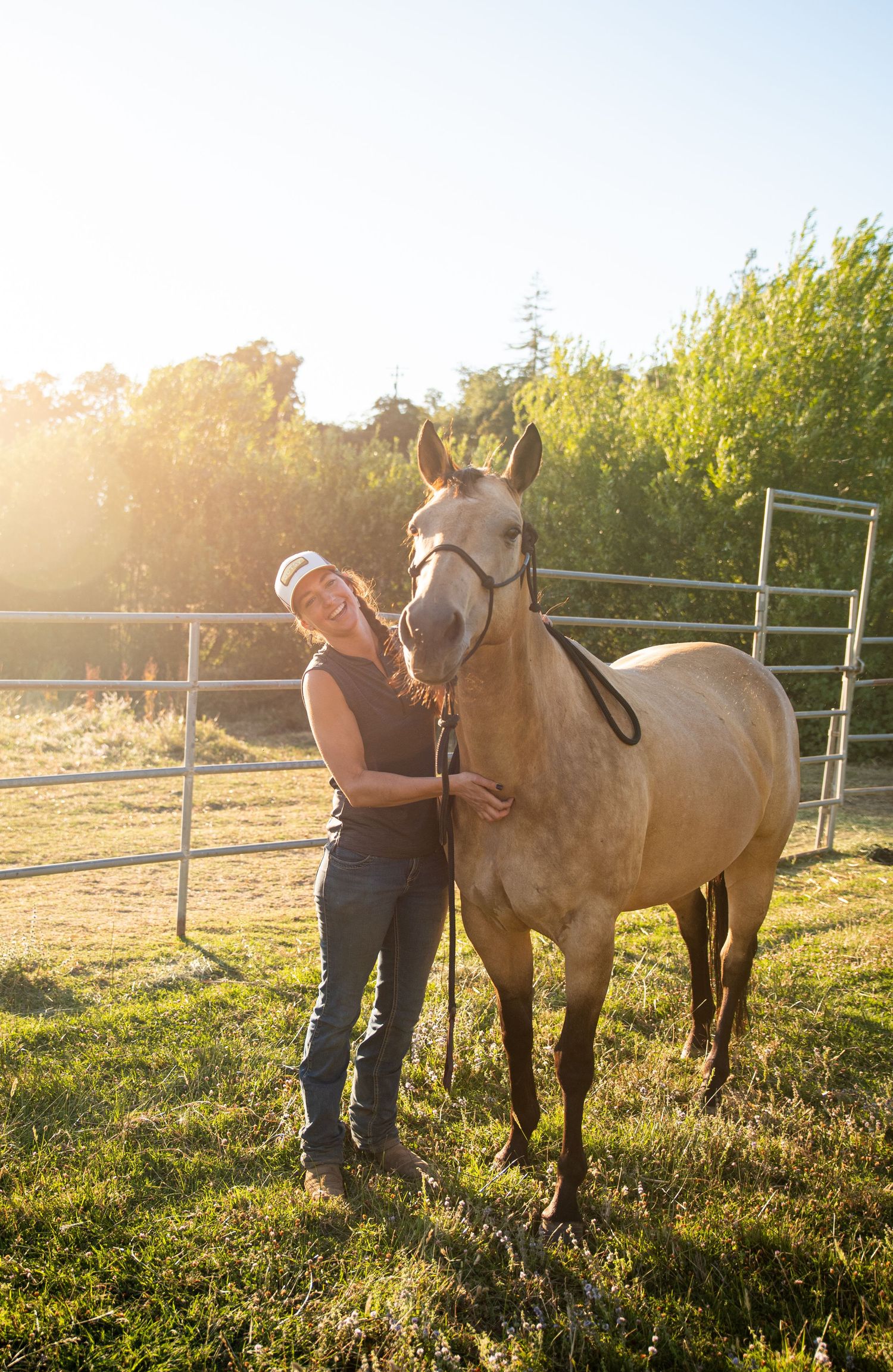 Two horses and their handlers sharing a peaceful moment in sunlit pasture.