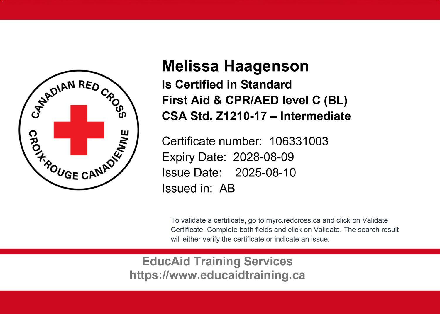 Canadian Red Cross First Aid and CPR certification card issued to Melissa Haagenson, expiring 2028 In Leduc Alberta.