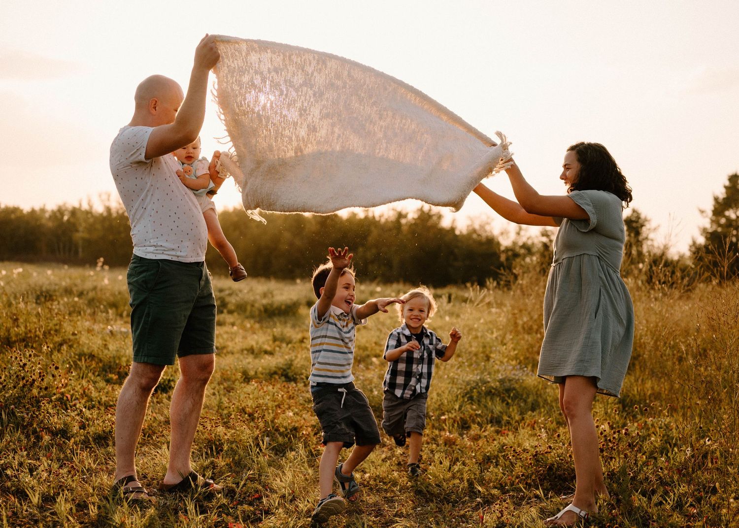 Happy family plays with white blanket in golden sunset field with two young children laughing.