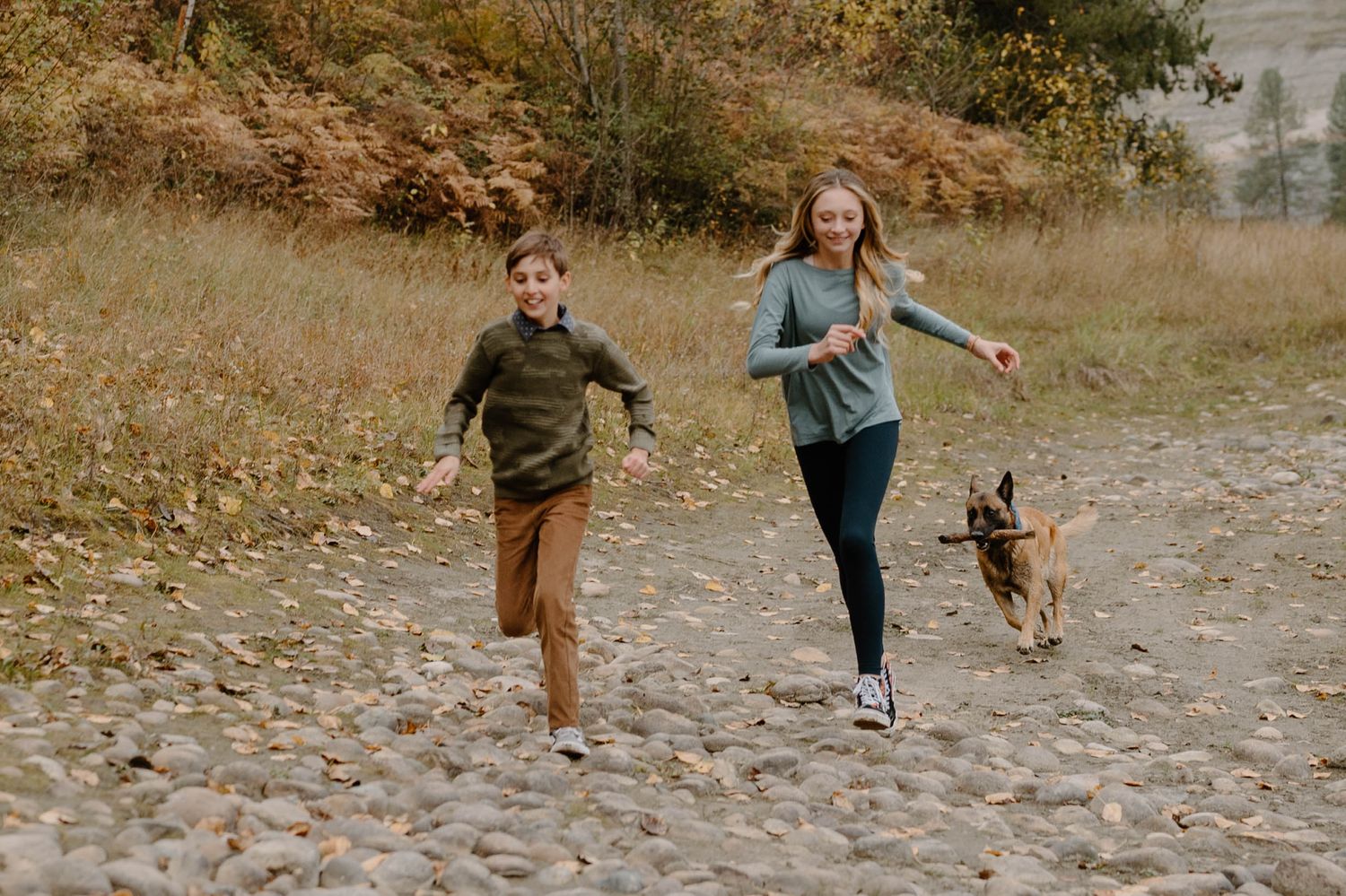 Two children laughing and running outdoors with a German Shepherd dog on a rocky path.