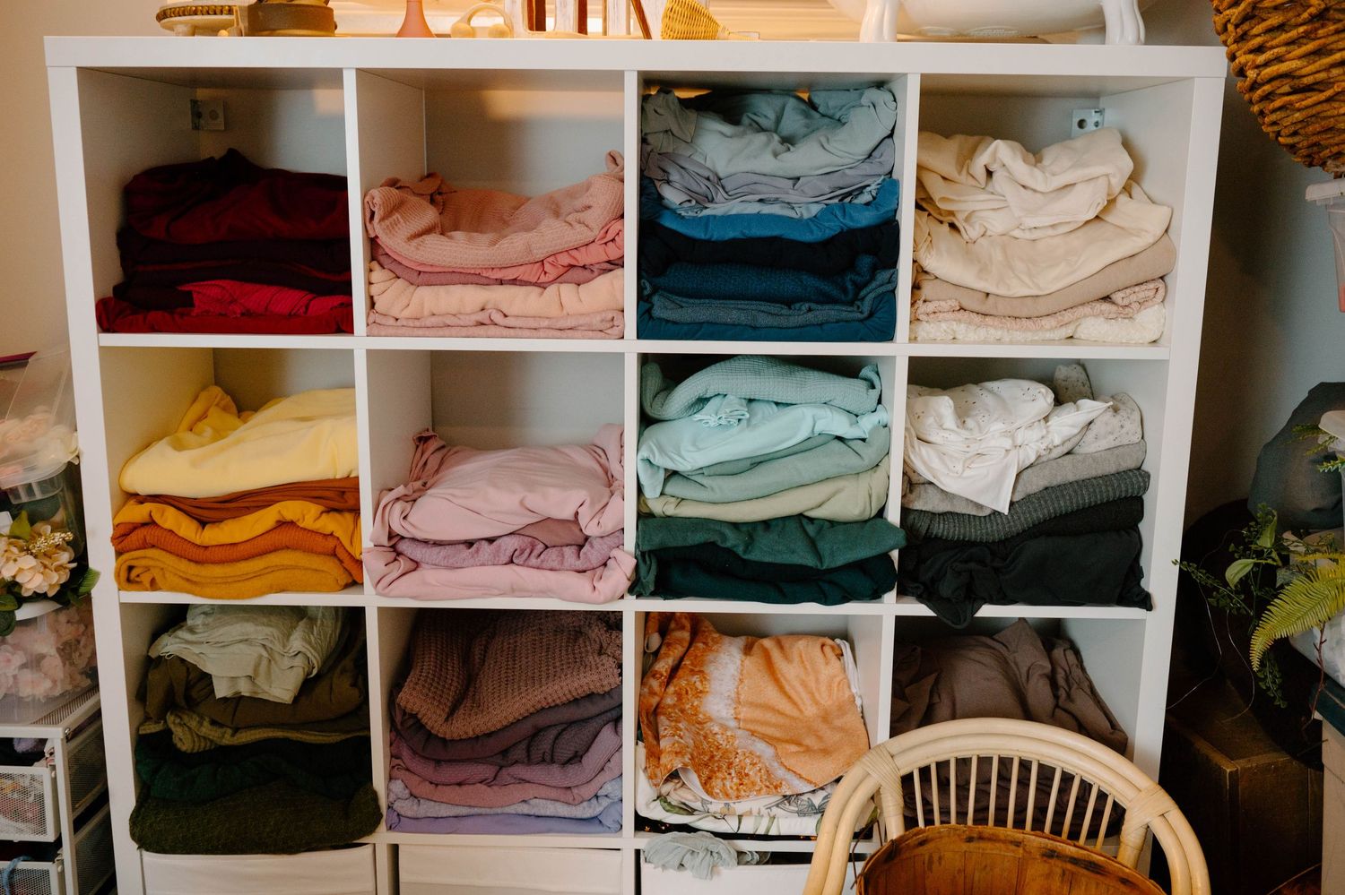 Colorful folded fabrics neatly organized on white cube shelving unit in a bright Leduc studio.