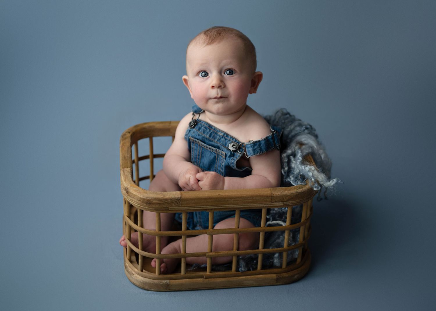 Baby boy in denim overalls sitting inside rustic wicker basket with stuffed toy on blue studio backdrop.