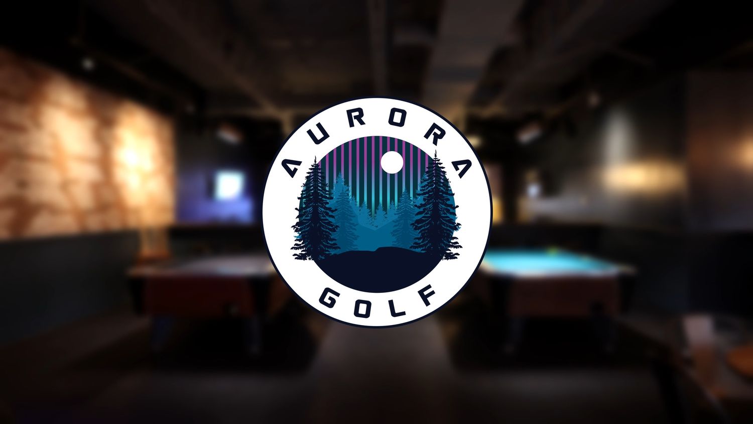 Glowing circular logo for Aurora Golf featuring a silhouette of a pine forest against a dark background.