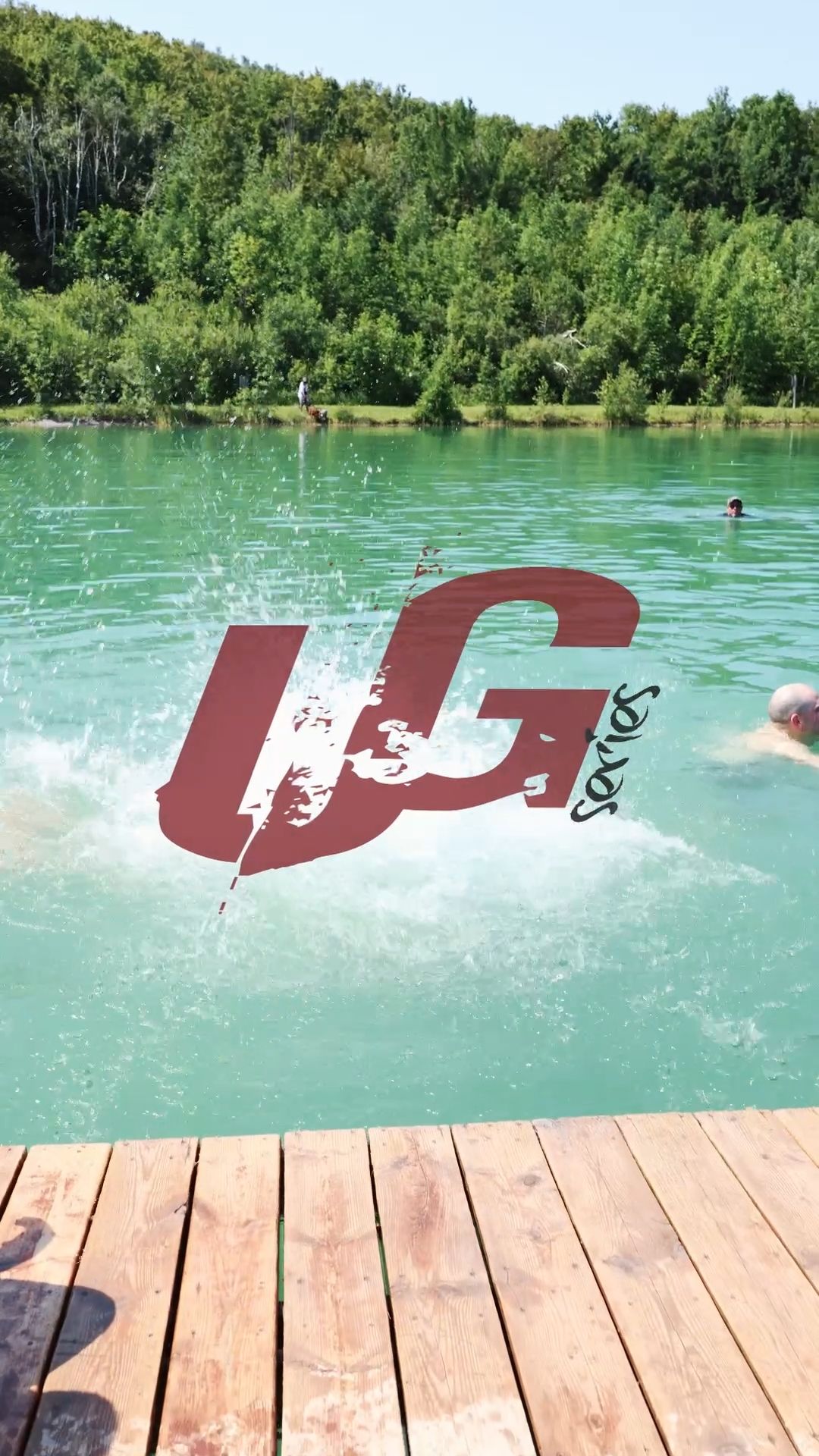 A progressive sequence of photos showing red text letters sinking into turquoise lake water from a wooden dock perspective.