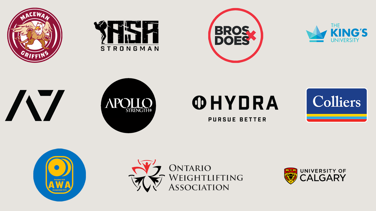 Collection of various company and organization logos including Apollo, Hydra, Colliers, and Ontario Weightlifting Association.
