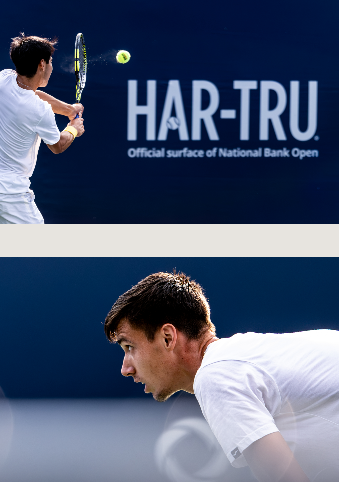 Tennis player hits a powerful backhand shot during a professional match on a hard court surface.