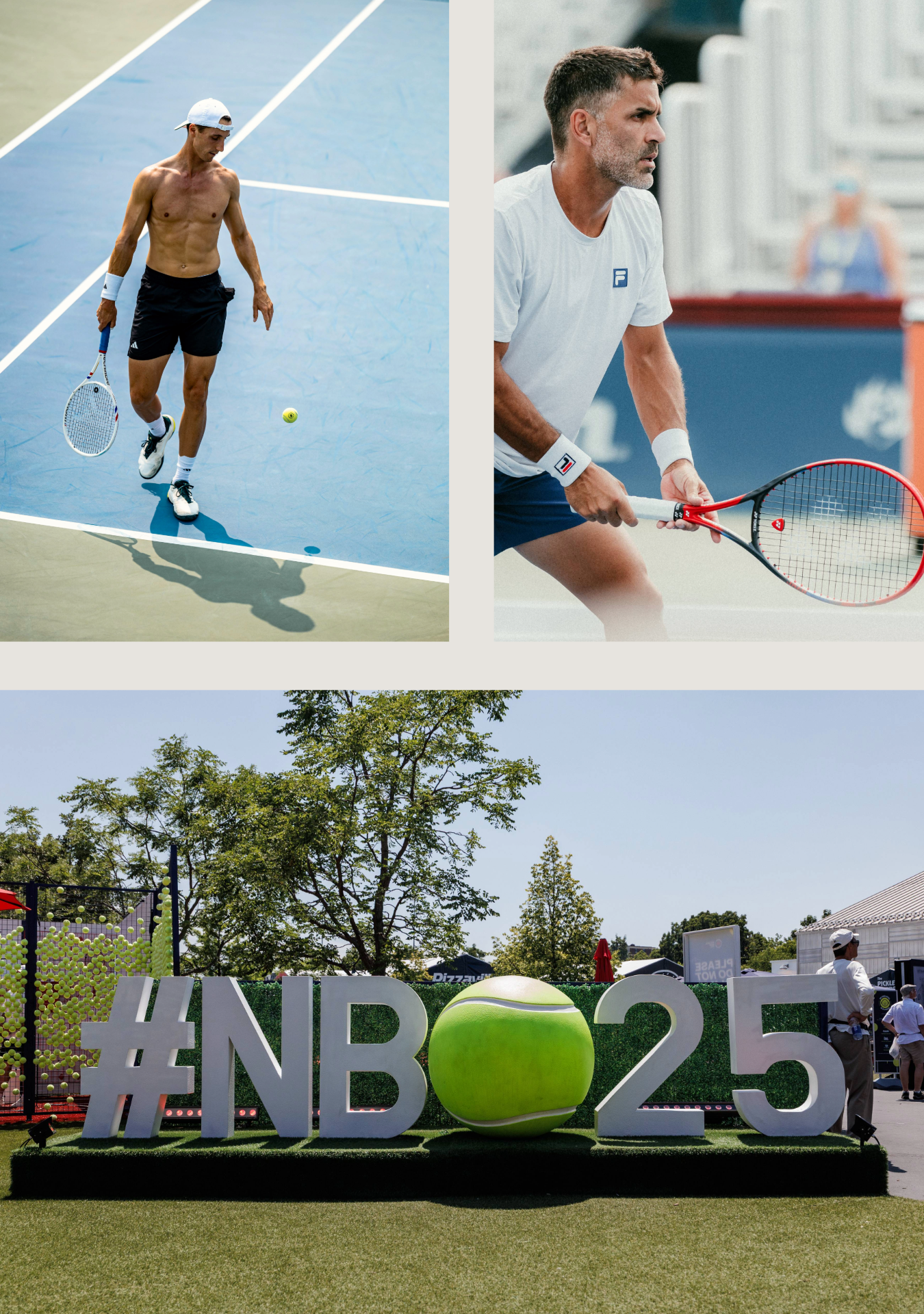 Tennis players in action on court with large decorative BNB 2023 letters displayed on grass lawn in foreground.