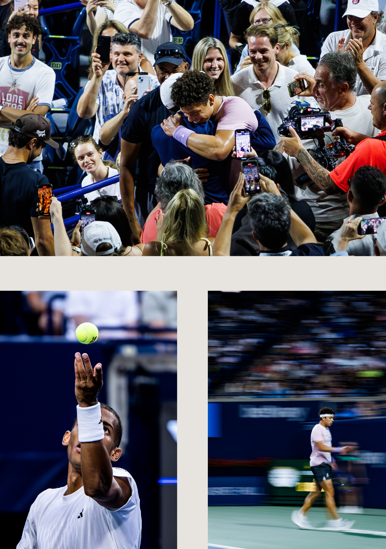 Crowd of tennis spectators watches intently during an evening match at a professional tournament.