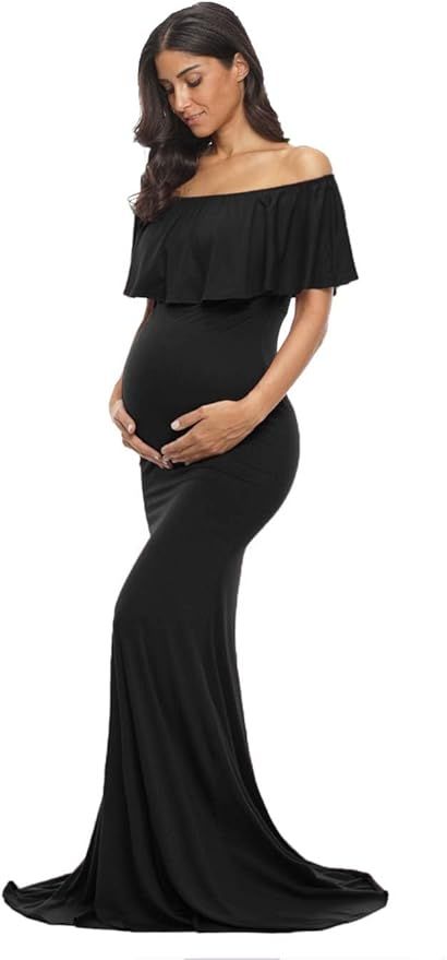 Elegant black off-shoulder maternity gown with ruffle detail shown from multiple angles on white background.