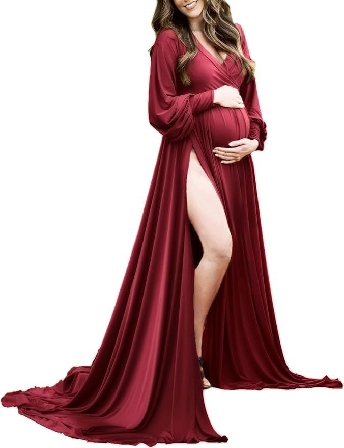 A burgundy maternity gown with flowing fabric shown in multiple poses against a white background.