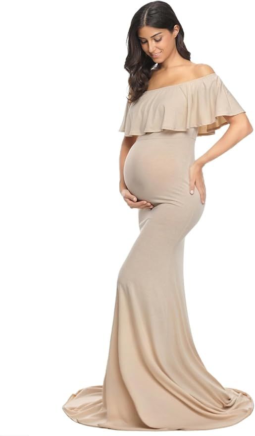 Off-shoulder beige maternity dress with ruffle detail displayed in various poses against white background.