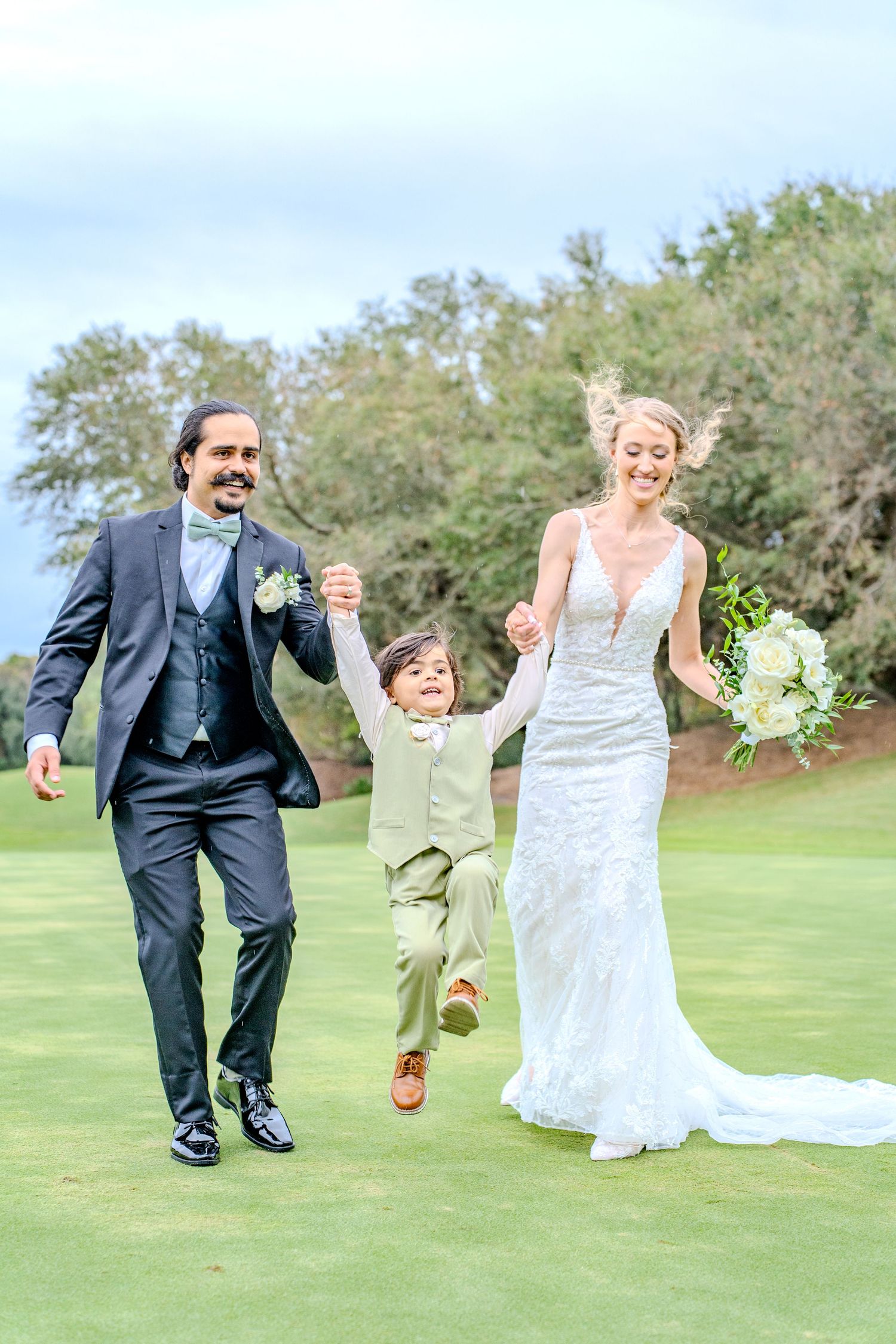 A lighthearted sequence of photos shows a playful moment on a green golf course during a wedding celebration.
