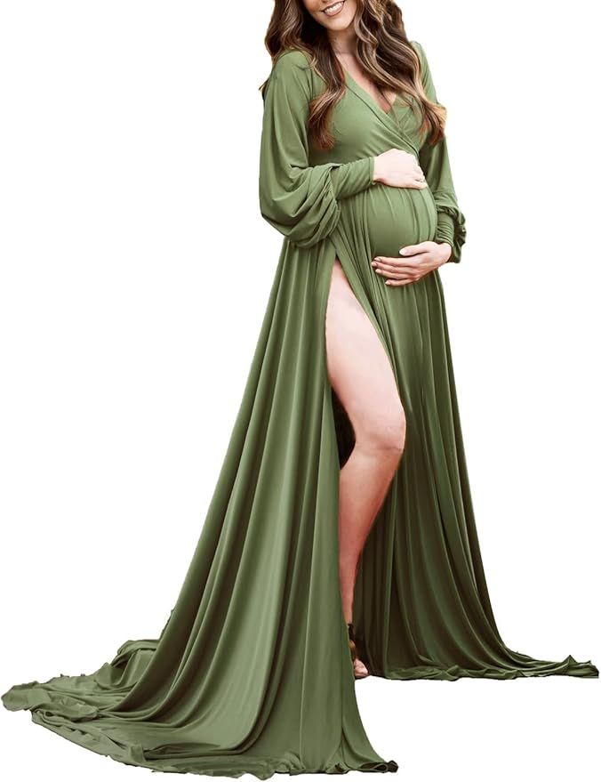 Maternity photo series showing flowing olive green gown against white background in elegant poses.