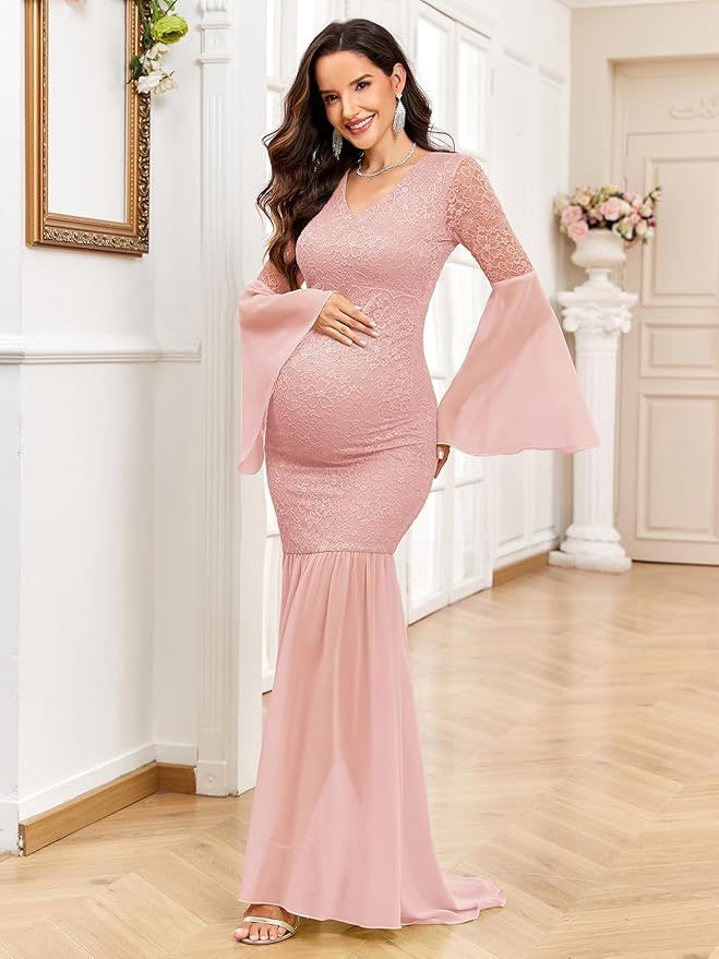 Pink lace maternity dress shown in multiple angles with a flowing skirt and long sleeves in an elegant interior setting.