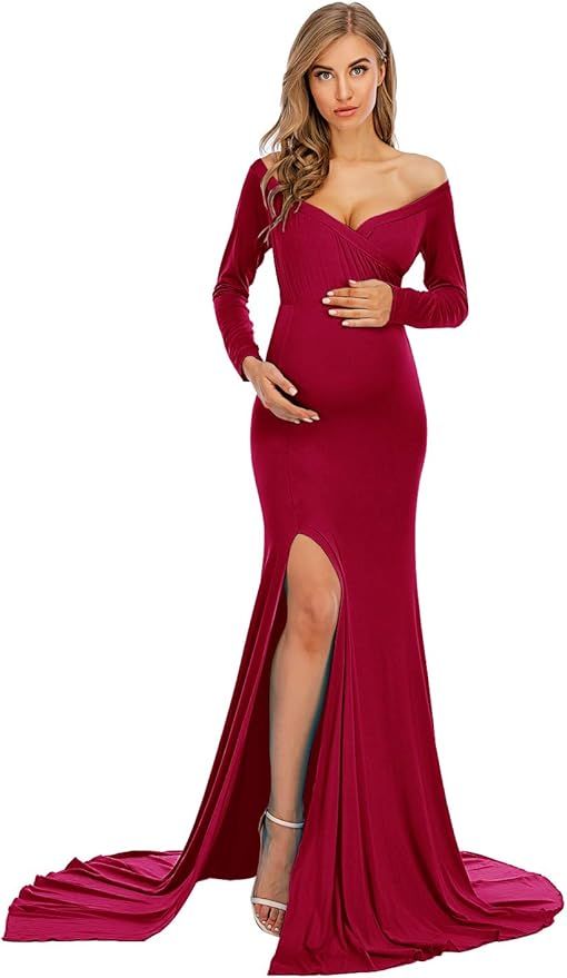 Burgundy maternity dress with off-shoulder neckline and dramatic side slit for photography.
