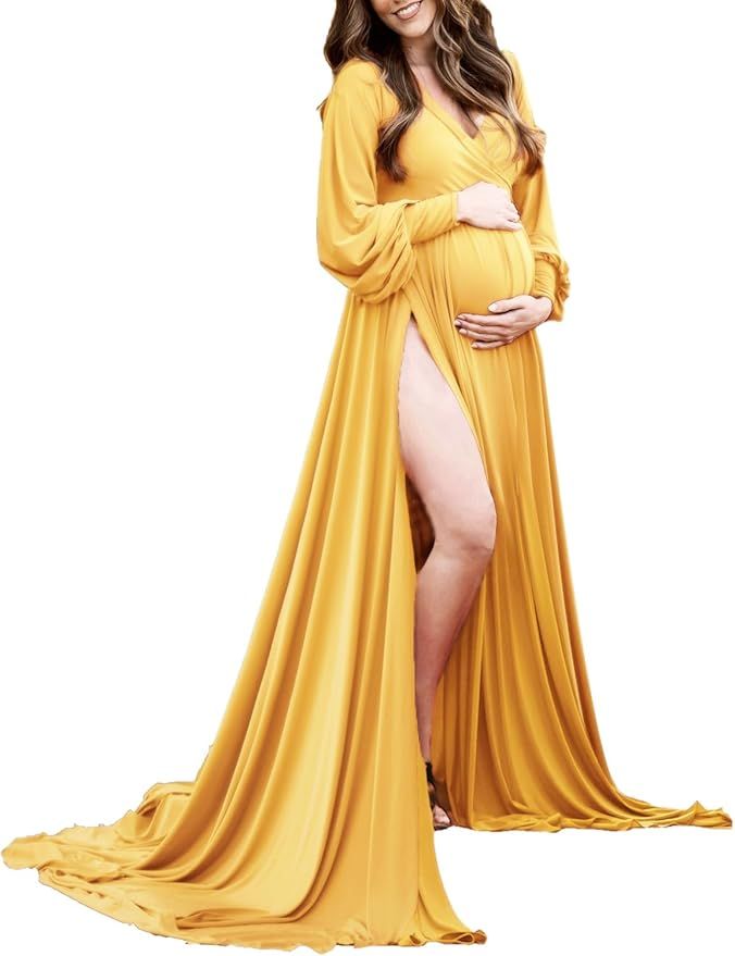 Maternity photo series showing flowing yellow gown against white background in multiple elegant poses.