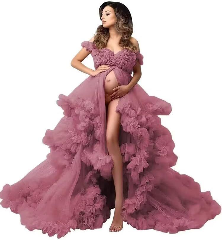 Flowing dusty rose tulle maternity gown with off-shoulder design and dramatic ruffled layers photographed in multiple angles.