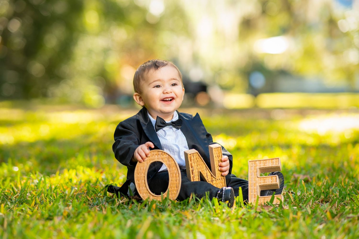 A baby in a blue outfit lies on autumn grass with wooden number blocks spelling out ONE.