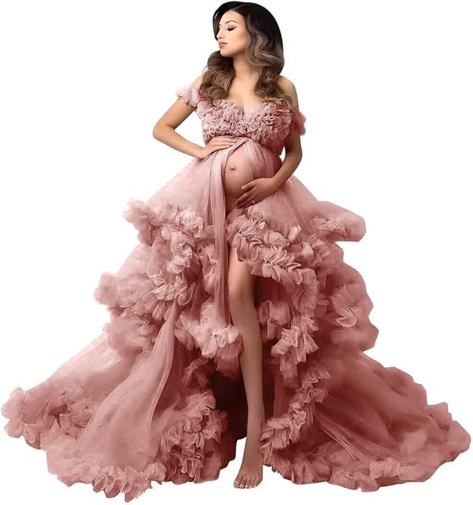Flowing dusty rose maternity gown with dramatic tulle ruffles and off-shoulder neckline shown in multiple angles.