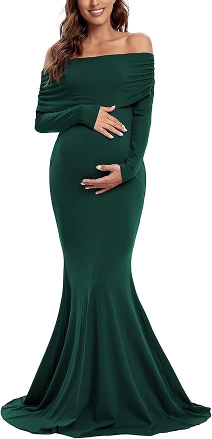 Elegant emerald green off-shoulder maternity gown with mermaid silhouette shown from multiple angles.