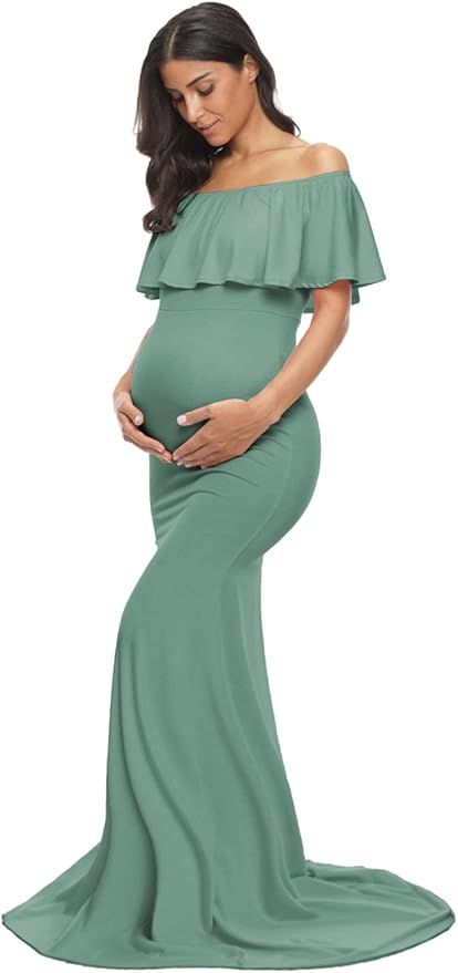 Elegant maternity portraits in sage green off-shoulder dress showing various angles of expectant mother.