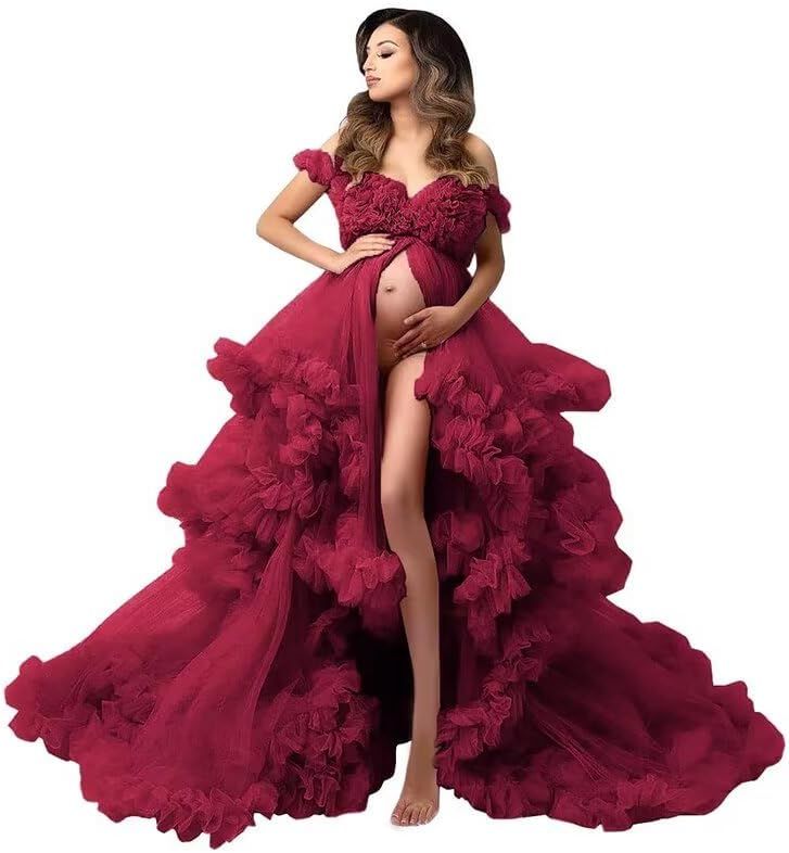 Burgundy off-shoulder maternity dress with voluminous tulle skirt and high slit shown from different perspectives.