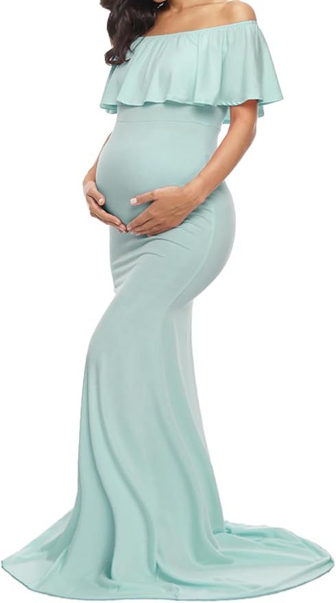 Elegant mint green off-shoulder maternity gown with flowing fabric shown from multiple angles on white background.