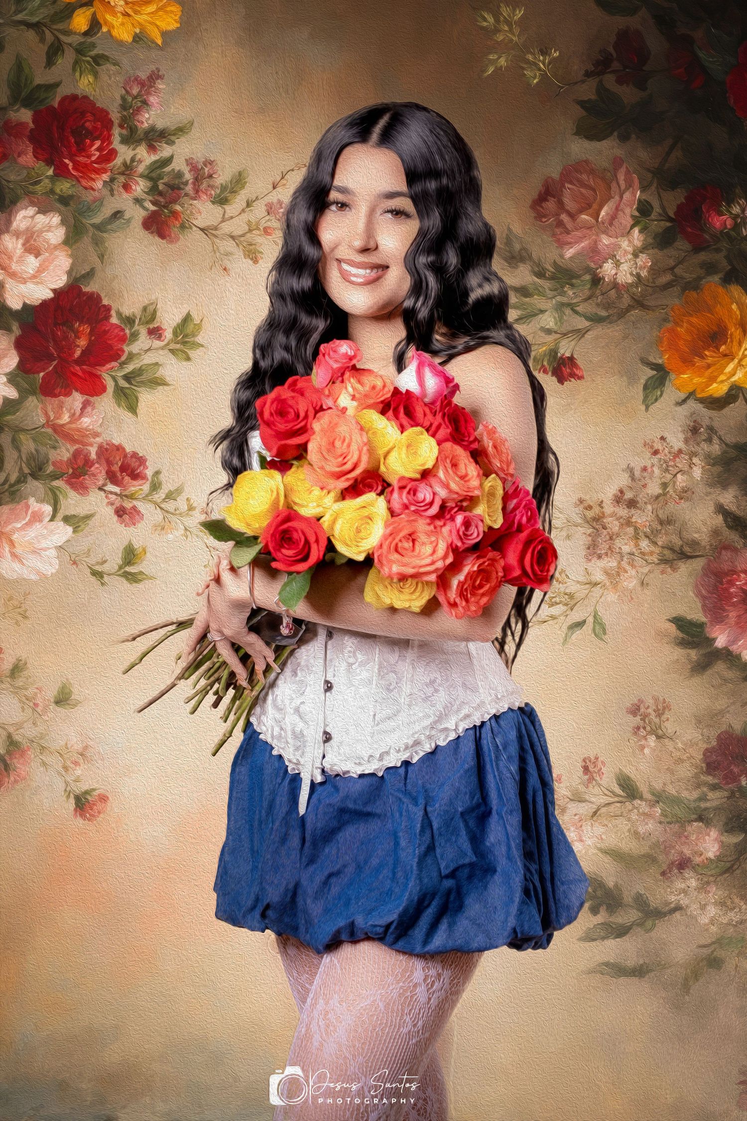 Vintage-style photo series featuring colorful roses and floral decor against a sepia-toned backdrop.