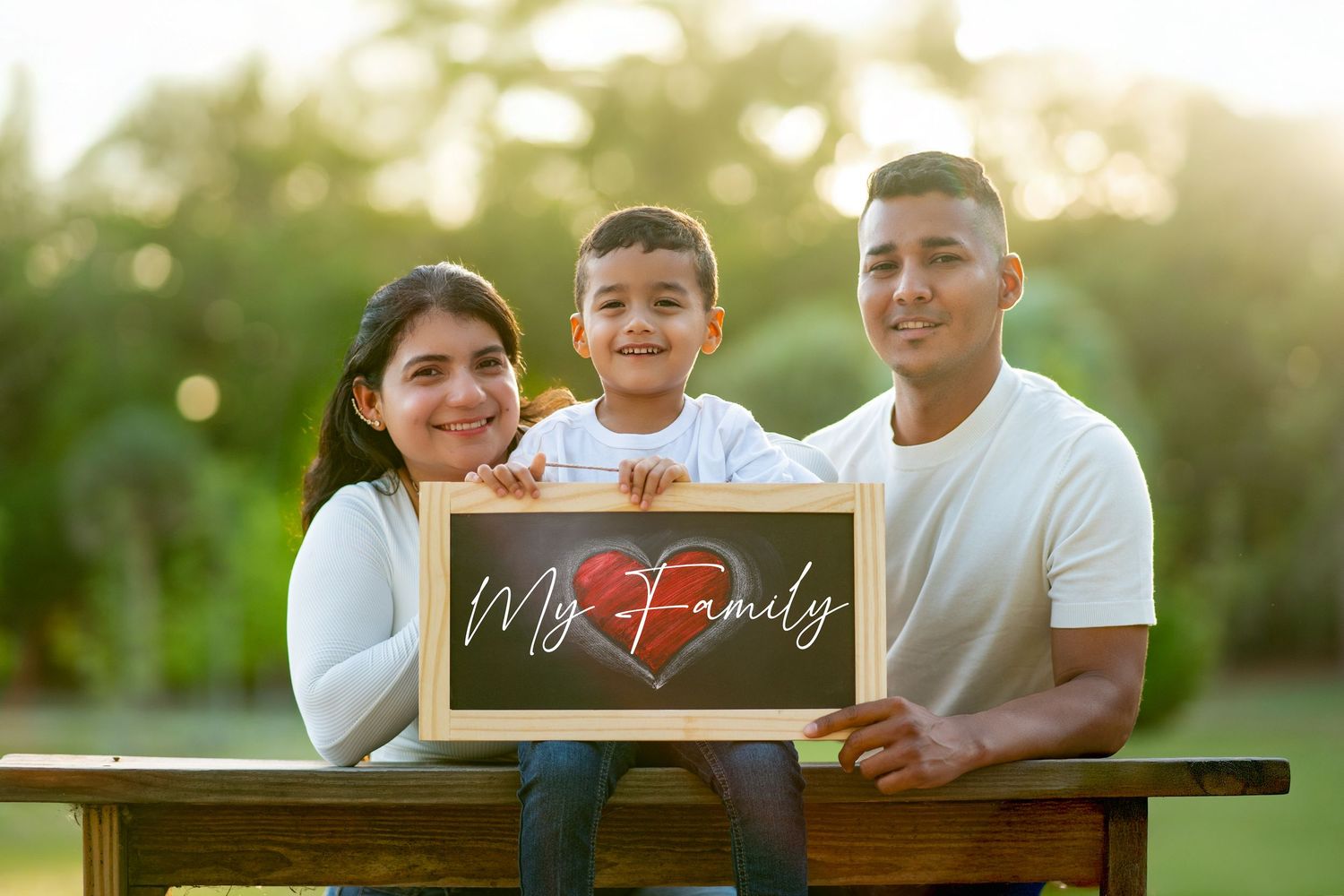 Family photo session in a park at sunset with chalkboard signs and natural lighting.