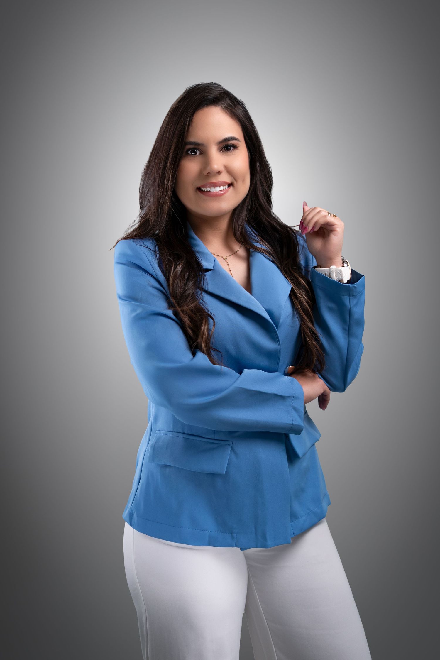 Professional studio portrait series showing a person in a bright blue blazer and white pants against a gray background.