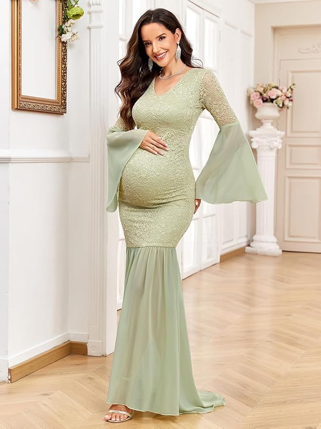 Sage green maternity dress with lace bodice shown in multiple poses against light interior backdrop.