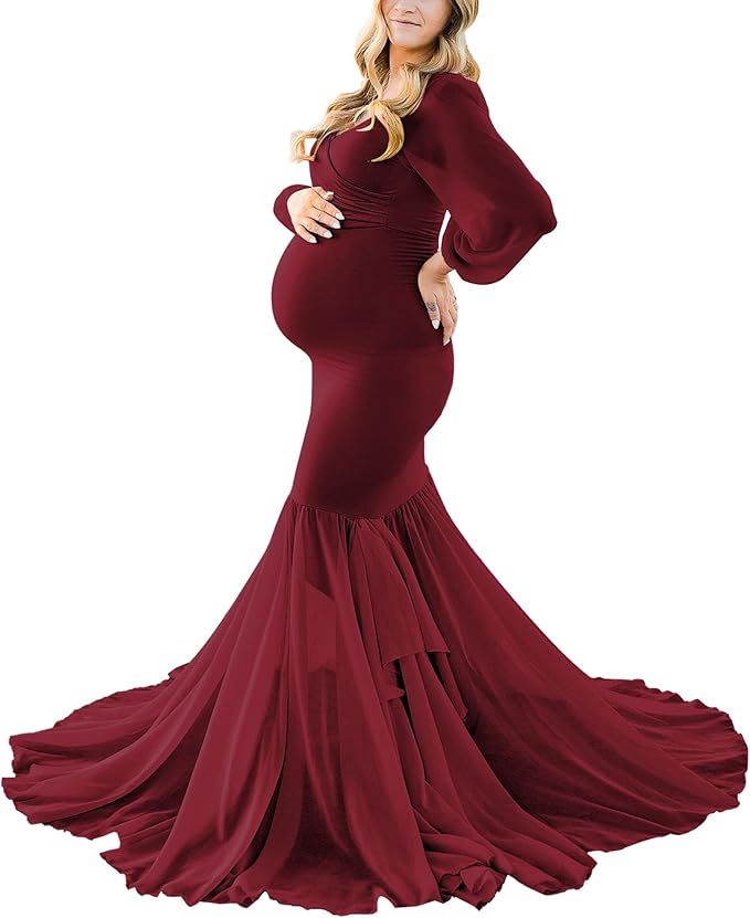 A pregnant woman wearing a burgundy long-sleeve gown twirls to show the flowing skirt in a series of photos.