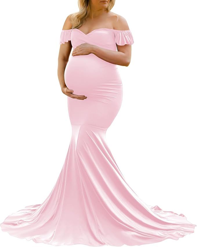 Flowing pink maternity gown with off-shoulder design shown in multiple elegant poses against white background.