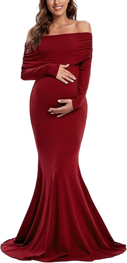Elegant burgundy off-shoulder maternity gown with long sleeves and flowing mermaid silhouette for photo shoots.