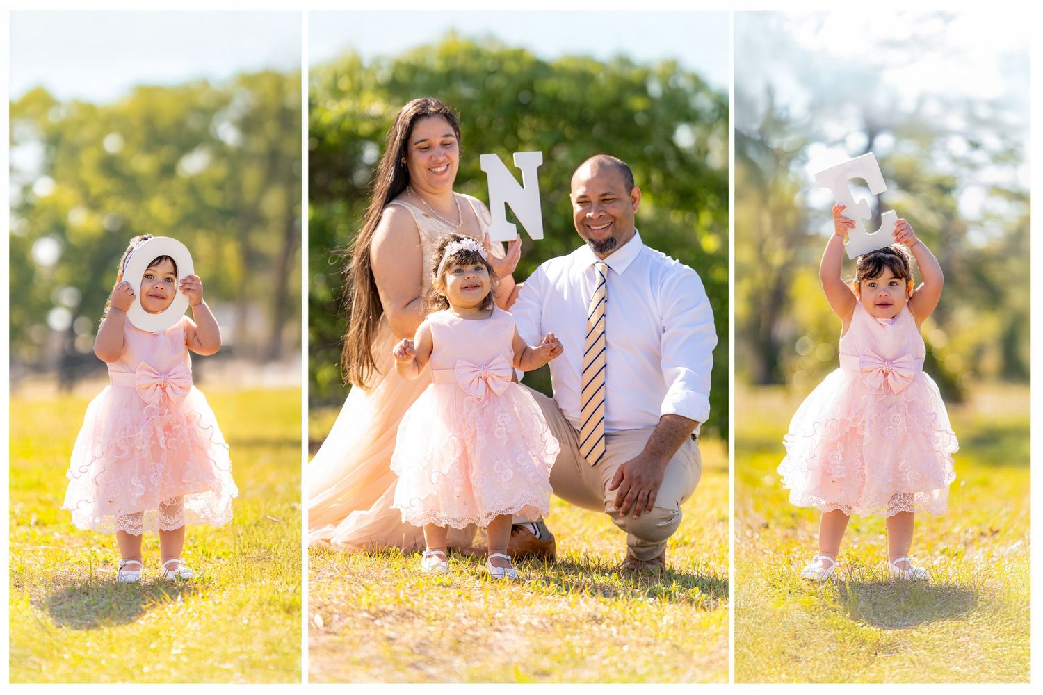 A montage of outdoor family photos in a park during sunset showing a baby wearing a pink tulle dress.