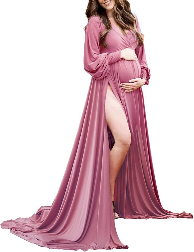 Mauve maternity gown featuring long sleeves and flowing design perfect for portrait sessions.