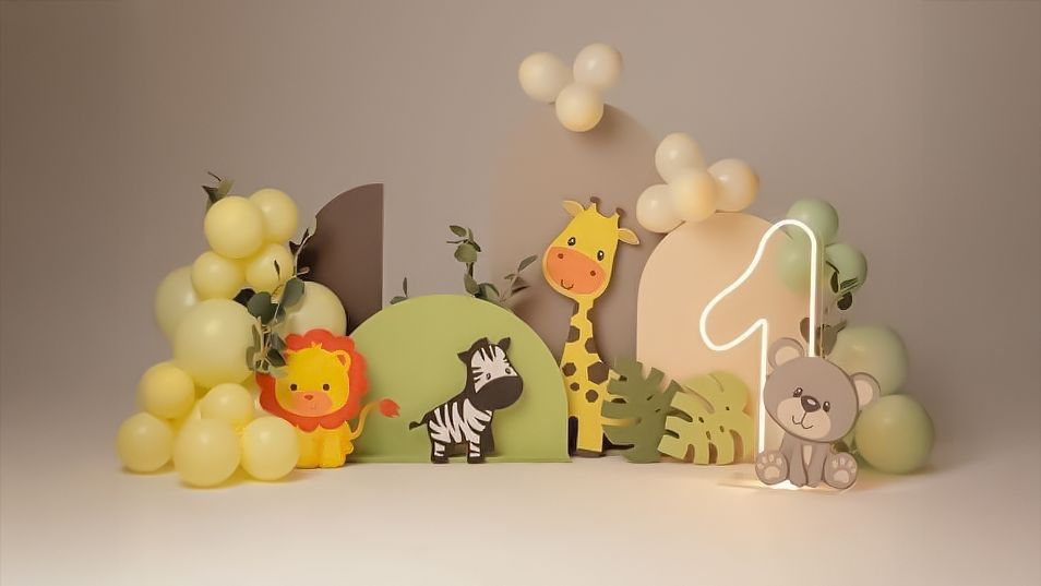 A collection of soft plush toys and glowing neon signs arranged in a cozy display against a warm brown background.