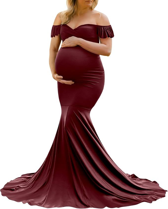 Maternity photo series showing a pregnant woman in a flowing burgundy gown posing gracefully against a white backdrop.