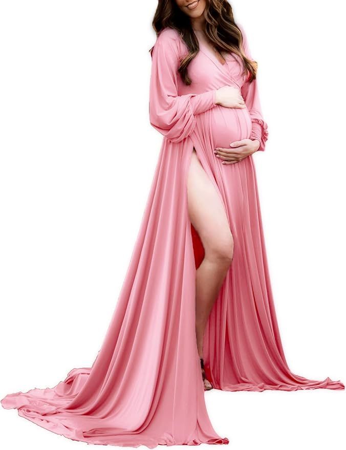 Long sleeve pink maternity gown with flowing skirt shown in multiple romantic poses.