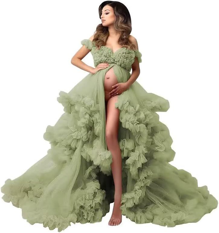 Sage green maternity gown featuring cloud-like tulle layers and off-shoulder neckline displayed in various poses.