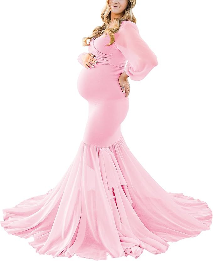 Maternity photography sequence featuring flowing pink dress against white backdrop in graceful poses.