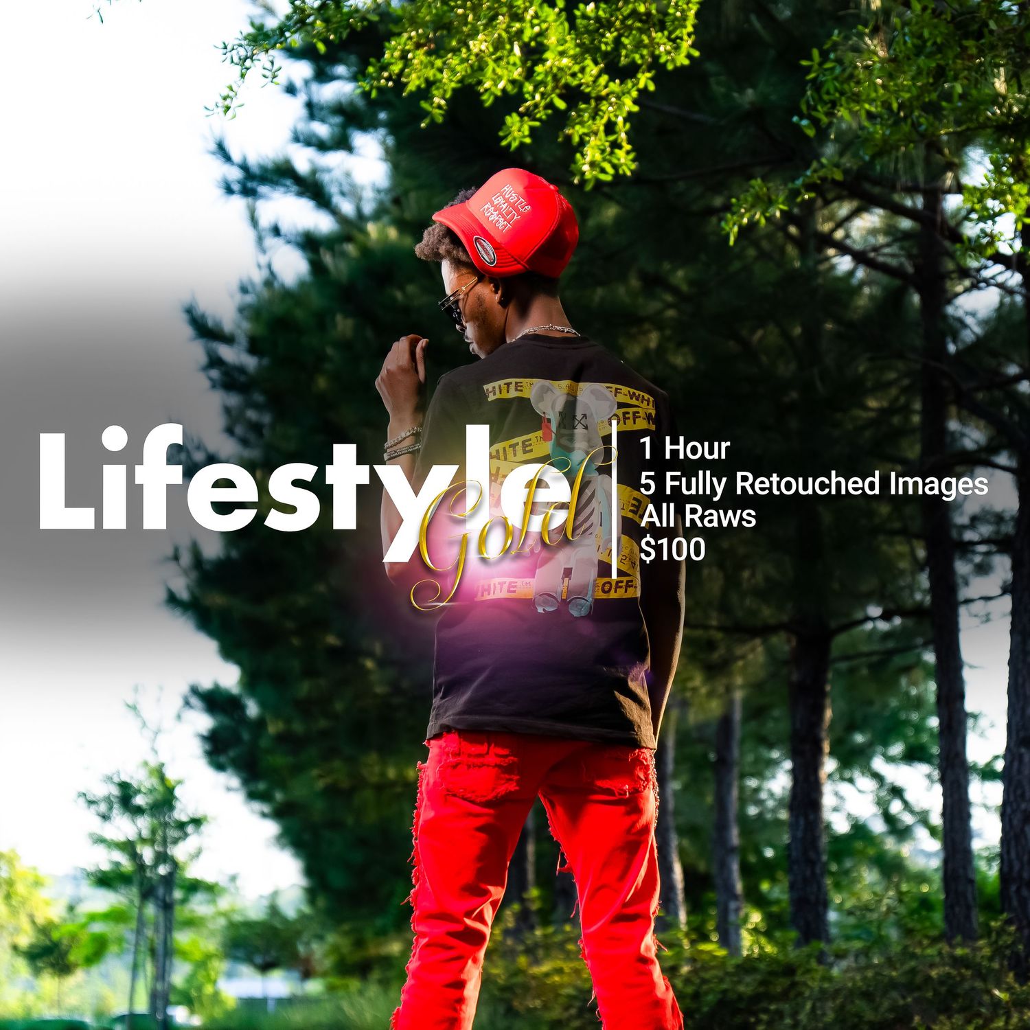 Person wearing red pants and hat stands outdoors against green trees with lifestyle photoshoot text overlay.