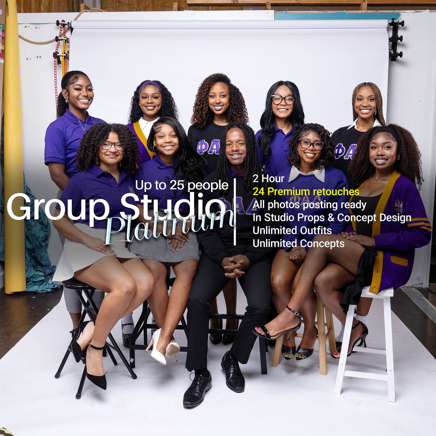 Group of young women in Greek sorority attire posing for a professional studio photo session package advertisement.